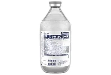 Sodyum klorur içeren solüsyon: %0,9 IZOTONIK 500 ML SOLUSYON(SETLI) ambalajı. Üretici: POLİFARMA İLAÇ SAN. VE TİC. A.Ş.