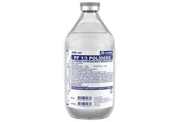 1/3 POLIDEKS (%3,33 DEKSTROZ-%3 SODYUM KLORUR)500 CC SETLI(CAM SISE) ürün ambalajı. Etkin maddesi serum. Üretici: POLİFARMA İLAÇ SAN. VE TİC. A.Ş.