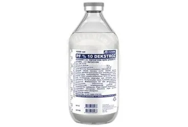 Serum içeren solüsyon: %10 DEKSTROZ 1000 ML SOLUSYON(SETLI) ürün ambalajı. Üretici: POLİFARMA İLAÇ SAN. VE TİC. A.Ş.