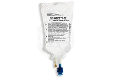 Serum içeren %5 DEKSTROZ LAKTATLI RINGER PVC 500 ML(SETLI) kutusu. Üretici: KOÇAK FARMA İLAÇ VE KİMYA SANAYİ A.Ş.