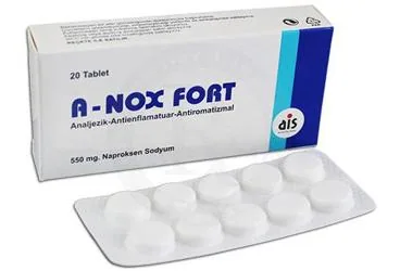 A-NOX FORT 550 MG 20 TABLET ürün ambalajı. Naproksen sodyum içeren tablet. Üretici: AROMA İLAÇ SAN.LTD.ŞTİ.