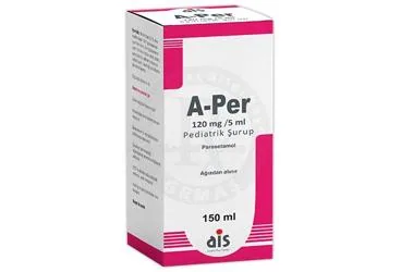 A-PER SURUP 120 MG 150 ML (parasetamol) ürün ambalajı, şurup. Üretici: AROMA İLAÇ SAN.LTD.ŞTİ.