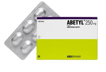 Abirateron içeren tablet: ABETYL 250 MG TABLET (120 TABLET) kutusu. Üretici: ABDİ İBRAHİM İLAÇ SANAYİ VE TİCARET A.Ş.
