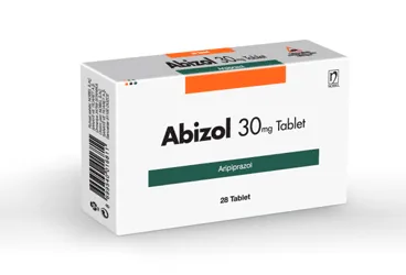 ABIZOL 30 MG 28 TABLET ürün ambalajı. Aripiprazol içeren tablet. Üretici: NOBEL İLAÇ SAN. VE TİC. A.Ş.
