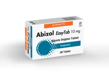 ABIZOL EASYTAB 10 MG 28 AGIZDA DAGILAN TABLET ambalajı, tablet formunda aripiprazol içerir. Üretici: NOBEL İLAÇ SAN. VE TİC. A.Ş.