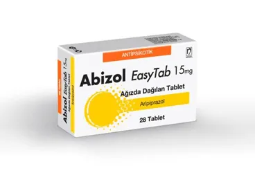 ABIZOL EASYTAB 15 MG 28 AGIZDA DAGILAN TABLET kutusu. Aripiprazol içeren tablet. Üretici: NOBEL İLAÇ SAN. VE TİC. A.Ş.