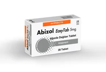 ABIZOL EASYTAB 5 MG AGIZDA DAGILAN 28 TABLET kutu fotoğrafı, tablet formunda aripiprazol içerir. Üretici: NOBEL İLAÇ SAN. VE TİC. A.Ş.