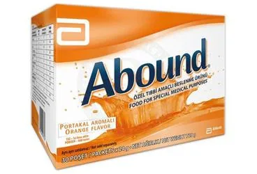 Tibbi amacli mama içeren ABOUND PORTAKAL AROMALI 30 POSET x 24 G ürün ambalajı. Üretici: ABBOTT LABORATUARLARI İTHALAT İHRACAT VE TİCARET LİMİTED ŞİRKETİ.