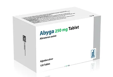 Abirateron içeren tablet: ABYGA 250 MG TABLET (120 TABLET) ürün ambalajı. Üretici: DEVA HOLDİNG ANONİM ŞİRKETİ.