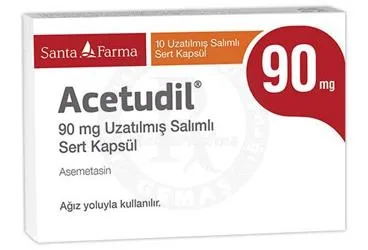 ACETUDIL 90 MG UZATILMIS SALIMLI SERT KAPSUL (10 KAPSUL) (asemetasin) ambalajı, kapsül. Üretici: SANTA FARMA İLAÇ SAN. A.Ş.
