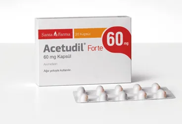 ACETUDIL FORTE 60 MG KAPSUL (20 KAPSUL) (asemetasin) ürün ambalajı, kapsül. Üretici: SANTA FARMA İLAÇ SAN. A.Ş.