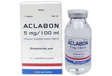 ACLABON 5MG/100 ML IV INFUZYON COZELTISI ICEREN 1 FLAKON ambalajı. Zoledronik asit monohidrat içeren çözelti. Üretici: KOÇAK FARMA İLAÇ VE KİMYA SANAYİ A.Ş.