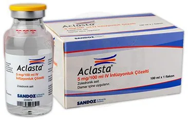 ACLASTA 5MG/100 ML IV INFUZYON COZELTISI ürün ambalajı. Zoledronik asit monohidrat içeren çözelti. Üretici: SANDOZ İLAÇ SANAYİ VE TİCARET A.Ş.