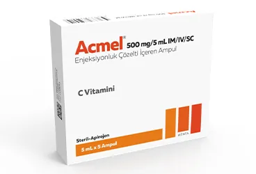 ACMEL 500 MG/5 ML IM/IV ENJEKSIYONLUK COZELTI (15 ADET) kutusu. Vitamin c içeren çözelti. Üretici: MENTA PHARMA İLAÇ SAN. VE TİC. A.Ş.
