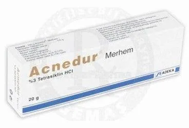 ACNEDUR %3 MERHEM (20 G) (tetrasiklin -topikal) ürün ambalajı, merhem. Üretici: ADEKA İLAÇ SANAYİ VE TİCARET A.Ş.