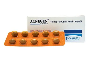 Isotretinoin içeren kapsül: ACNEGEN 10 MG 30 YUMUSAK JELATIN KAPSUL kutu fotoğrafı. Üretici: BİO-GEN İLAÇ SANAYİ TİC.LTD.ŞTİ.