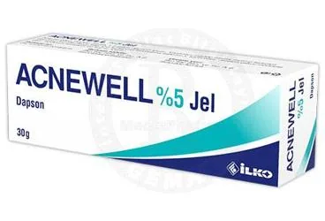 Dapson içeren jel: ACNEWELL %5 JEL (30 GR) kutusu. Üretici: İLKO İLAÇ SAN. VE TİC. A.Ş.