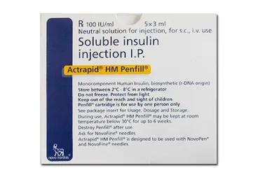 Insülin human -kısa etkili içeren ACTRAPID HM PENFILL 100/3 IU/ML 5 PENFİLL ambalajı. Üretici: NOVO NORDISK SAĞLIK ÜRÜNLERİ TİCARET LİMİTED ŞİRKETİ.