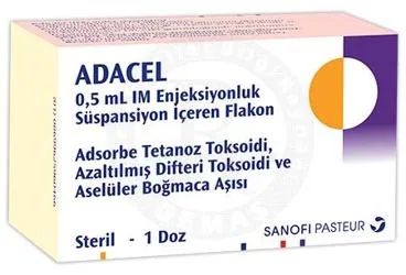 ADACEL 0,5 ML IM ENJ. ICIN SUS. ICEREN FLAKON ürün ambalajı. Difteri + boğmaca + tetanoz aşı içeren flakon. Üretici: SANOFİ PASTEUR AŞI TİC. A.Ş.