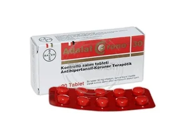 ADALAT CRONO 30 MG 20 KONTROLLÜ SALIM TABLETİ kutu fotoğrafı, tablet formunda nifedipin içerir. Üretici: BAYER TÜRK KİMYA SAN. LTD. ŞTİ.