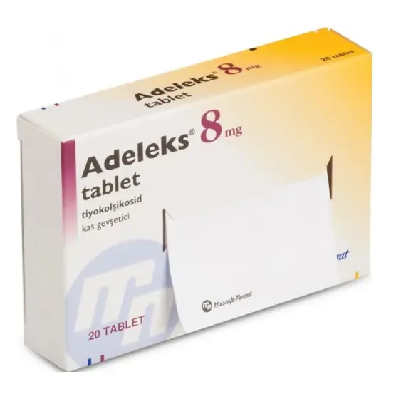 Tiyokolşikosid içeren tablet: ADELEKS 8 MG 20 TABLET ambalajı. Üretici: GENSENTA İLAÇ SANAYİ VE TİCARET A.Ş.