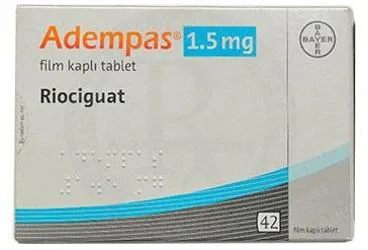 ADEMPAS 1,5 MG 42 FILM KAPLI TABLET ambalajı, film kaplı tablet formunda riociguat içerir. Üretici: BAYER TÜRK KİMYA SAN. LTD. ŞTİ.