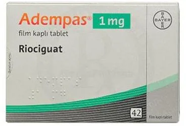 ADEMPAS 1 MG 42 FILM KAPLI TABLET (riociguat) ambalajı, film kaplı tablet. Üretici: BAYER TÜRK KİMYA SAN. LTD. ŞTİ.