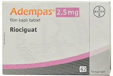 ADEMPAS 2,5 MG 42 FILM KAPLI TABLET kutu fotoğrafı, film kaplı tablet formunda riociguat içerir. Üretici: BAYER TÜRK KİMYA SAN. LTD. ŞTİ.
