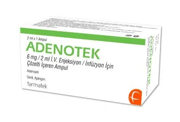 ADENOTEK 6 MG/2ML IV ENJ/INF. ICIN COZ. ICEREN 1 AMPUL kutusu, ampul formunda adenozin içerir. Üretici: FARMA-TEK İLAÇ SANAYİ VE TİCARET A.Ş.