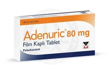 Febuksostat içeren film kaplı tablet: ADENURIC 80 MG 28 FILM KAPLI TABLET ürün ambalajı. Üretici: MENARİNİ İLAÇ SANAYİ VE TİCARET A.Ş.