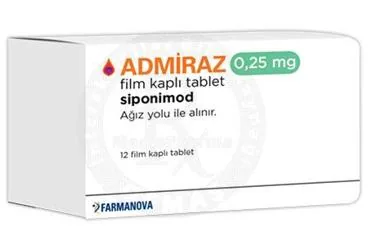 ADMIRAZ 0,25 MG FILM KAPLI TABLET (12 TABLET) kutusu. Siponimod içeren film kaplı tablet. Üretici: FARMANOVA SAĞLIK HİZMETLERİ LTD.ŞTİ.