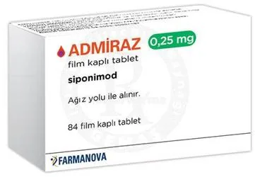 ADMIRAZ 0,25 MG FILM KAPLI TABLET (84 TABLET) kutusu. Siponimod içeren film kaplı tablet. Üretici: FARMANOVA SAĞLIK HİZMETLERİ LTD.ŞTİ.