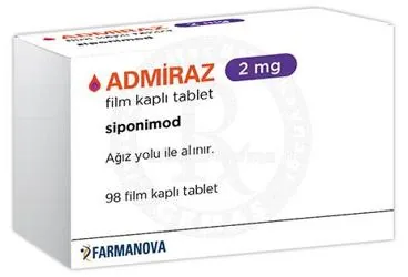Siponimod içeren film kaplı tablet: ADMIRAZ 2 MG FILM KAPLI TABLET (98 TABLET) kutusu. Üretici: FARMANOVA SAĞLIK HİZMETLERİ LTD.ŞTİ.