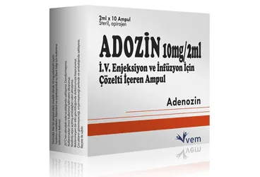 ADOZIN 10 MG/2ML IV ENJEKSIYON VE INFUZYON ICIN COZELTI ICEREN 2ML 10 AMPUL ürün ambalajı, çözelti formunda adenozin içerir. Üretici: VEM İLAÇ SAN. VE TİC. ANONİM ŞİRKETİ.
