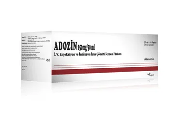 ADOZIN 250MG/50ML IV ENJEKSIYON VE INFUZYON ICIN COZELTI ICEREN FLAKON (10 FLAKON) kutusu. Adenozin içeren çözelti. Üretici: VEM İLAÇ SAN. VE TİC. ANONİM ŞİRKETİ.