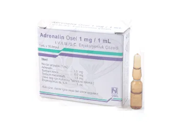 ADRENALIN 1 MG 10 AMPUL kutusu. Adrenalin içeren ampul. Üretici: OSEL İLAÇ SANAYİ VE TİCARET ANONİM ŞİRKETİ.