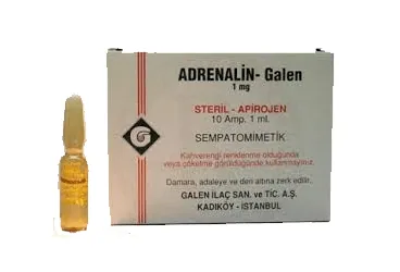 Adrenalin içeren ADRENALIN BAS GALEN 1 MG 10 AMP ambalajı. Üretici: GALEN İLAÇ SAN.VE TİC.A.Ş.