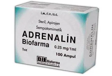 Adrenalin içeren ampul: ADRENALIN BIOFARMA 0,25 MG/1 ML 100 AMPUL ambalajı. Üretici: BİOFARMA İLAÇ SANAYİ VE TİCARET A.Ş.