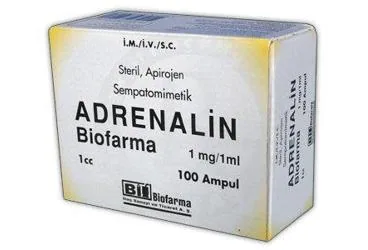 Adrenalin içeren ampul: ADRENALIN BIOFARMA 1 MG/1 ML 100 AMPUL kutusu. Üretici: BİOFARMA İLAÇ SANAYİ VE TİCARET A.Ş.