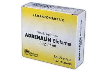 ADRENALIN BIOFARMA 1 MG 10 AMPUL (adrenalin) ürün ambalajı, ampul. Üretici: BİOFARMA İLAÇ SANAYİ VE TİCARET A.Ş.