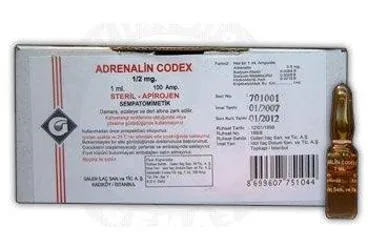 Adrenalin içeren ampul: ADRENALIN CODEX 1/2MG 1 ML 100 AMPUL kutusu. Üretici: GALEN İLAÇ SAN.VE TİC.A.Ş.