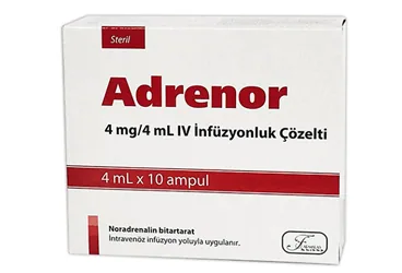 Noradrenalin içeren ampul: ADRENOR 4 MG/4 ML IV INF. ICIN KON.COZ.ICEREN 10 AMPUL ambalajı. Üretici: FARMALAS İLAÇ SAN. VE TİC. LTD. ŞTİ.