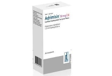 Doksorubisin hcl içeren flakon: ADRIMISIN 50 MG LIY. ENJ. TOZ ICEREN FLAKON ambalajı. Üretici: SABA İLAÇ SANAYİİ VE TİCARET ANONİM ŞİRKETİ.