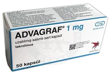 ADVAGRAF 1 MG 50 UZATILMIS SALIMLI 50 SERT KAPSUL kutusu. Takrolimus içeren kapsül. Üretici: ASTELLAS PHARMA İLAÇ TİCARET VE SANAYİ ANONİM ŞİRKETİ.