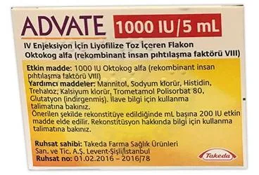 ADVATE 1000 IU/5 ML IV ENJEKSIYON ICIN LIYOFILIZE TOZ ICEREN FLAKON kutu fotoğrafı. Anti hemofilik faktör 8 içeren flakon. Üretici: TAKEDA İLAÇ SAĞLIK SANAYİ TİCARET LTD.ŞTİ.