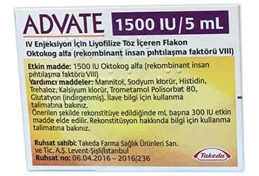 ADVATE 1500 IU/5 ML IV ENJEKSIYON ICIN LIYOFILIZE TOZ ICEREN FLAKON kutu fotoğrafı, flakon formunda anti hemofilik faktör 8 içerir. Üretici: TAKEDA İLAÇ SAĞLIK SANAYİ TİCARET LTD.ŞTİ.