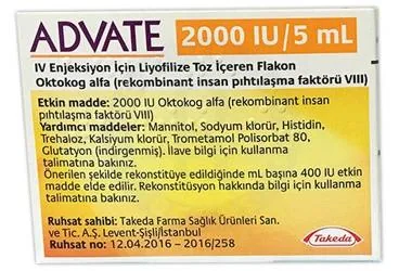 ADVATE 2000 IU/5 ML IV ENJEKSIYON ICIN LIYOFILIZE TOZ ICEREN FLAKON kutu fotoğrafı, flakon formunda anti hemofilik faktör 8 içerir. Üretici: TAKEDA İLAÇ SAĞLIK SANAYİ TİCARET LTD.ŞTİ.