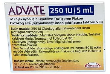 ADVATE 250 IU/5 ML IV ENJEKSIYON ICIN LIYOFILIZE TOZ ICEREN FLAKON ürün ambalajı. Anti hemofilik faktör 8 içeren flakon. Üretici: TAKEDA İLAÇ SAĞLIK SANAYİ TİCARET LTD.ŞTİ.