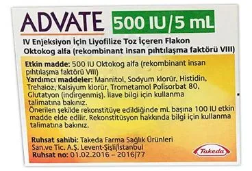 Anti hemofilik faktör 8 içeren flakon: ADVATE 500 IU/5 ML IV ENJEKSIYON ICIN LIYOFILIZE TOZ ICEREN FLAKON ürün ambalajı. Üretici: TAKEDA İLAÇ SAĞLIK SANAYİ TİCARET LTD.ŞTİ.