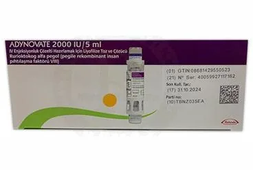 ADYNOVATE 2000 IU/5ML IV ENJEKSIYONLUK COZELTI HAZIRLAMAK ICIN LIYOFILIZE TOZ VE COZUCU (1 FLAKON) kutu fotoğrafı. Anti hemofilik faktör 8 rekombinant içeren çözelti. Üretici: TAKEDA İLAÇ SAĞLIK SANAYİ TİCARET LTD.ŞTİ.